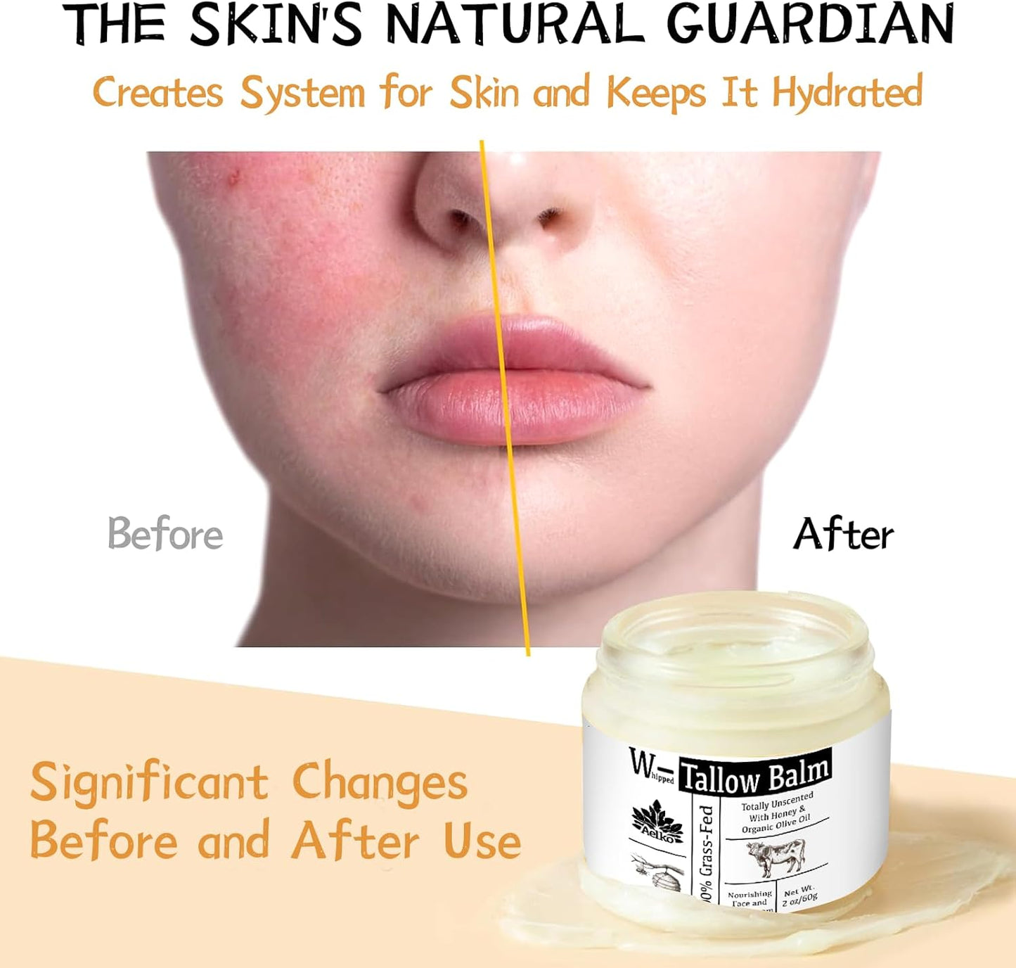 Beef Tallow Skincare, Whipped Tallow Balm,Tallow and Honey Balm for Soft, Smooth Face Skin, Natural Organic Moisturizer Cream - 60G/2Oz (Unscented)