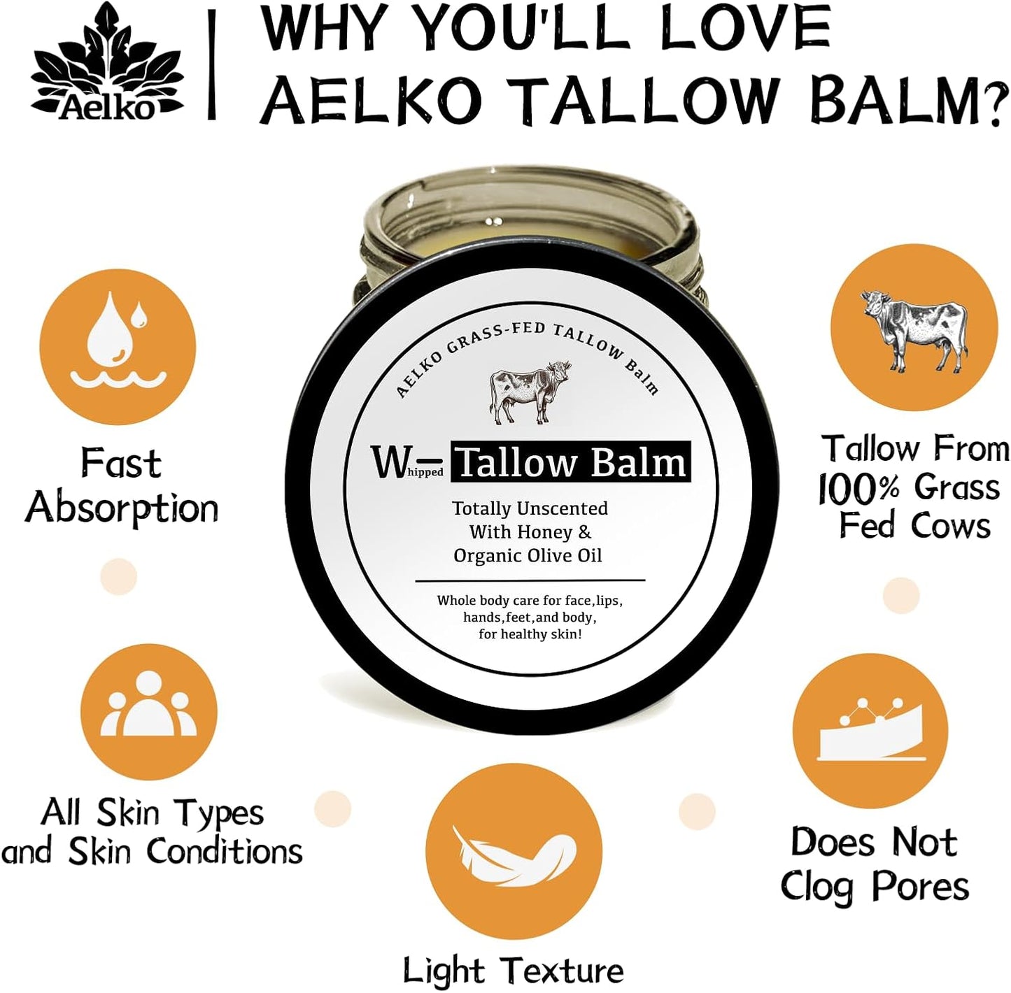 Beef Tallow Skincare, Whipped Tallow Balm,Tallow and Honey Balm for Soft, Smooth Face Skin, Natural Organic Moisturizer Cream - 60G/2Oz (Unscented)