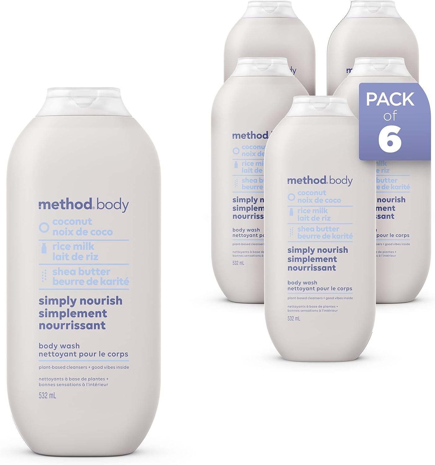 Simply Nourish Body Wash, Moisturizing Shower Gel and Body Soap Formulated with Coconut, Rice Milk, and Shea Butter, 532 Ml Bottles, 6 Pack