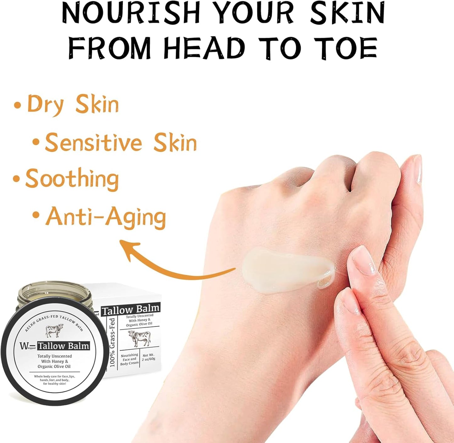 Beef Tallow Skincare, Whipped Tallow Balm,Tallow and Honey Balm for Soft, Smooth Face Skin, Natural Organic Moisturizer Cream - 60G/2Oz (Unscented)