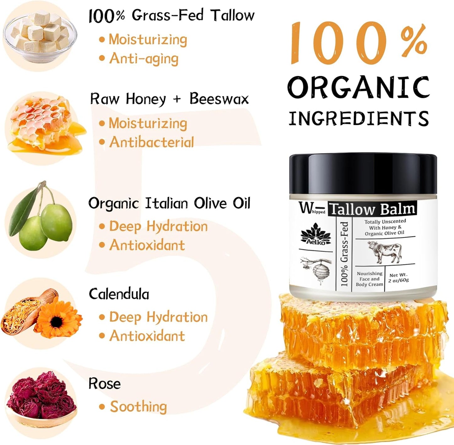 Beef Tallow Skincare, Whipped Tallow Balm,Tallow and Honey Balm for Soft, Smooth Face Skin, Natural Organic Moisturizer Cream - 60G/2Oz (Unscented)