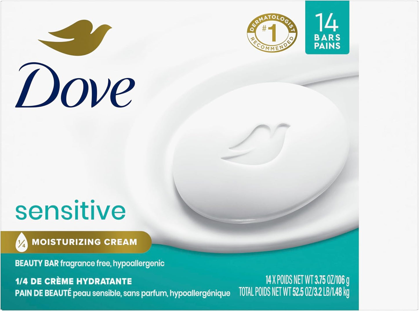 Beauty Bar More Moisturizing than Bar Soap for Softer Skin, Fragrance-Free, Hypoallergenic Beauty Bar Sensitive Skin with Gentle Cleanser 3.75 Oz 14 Bars